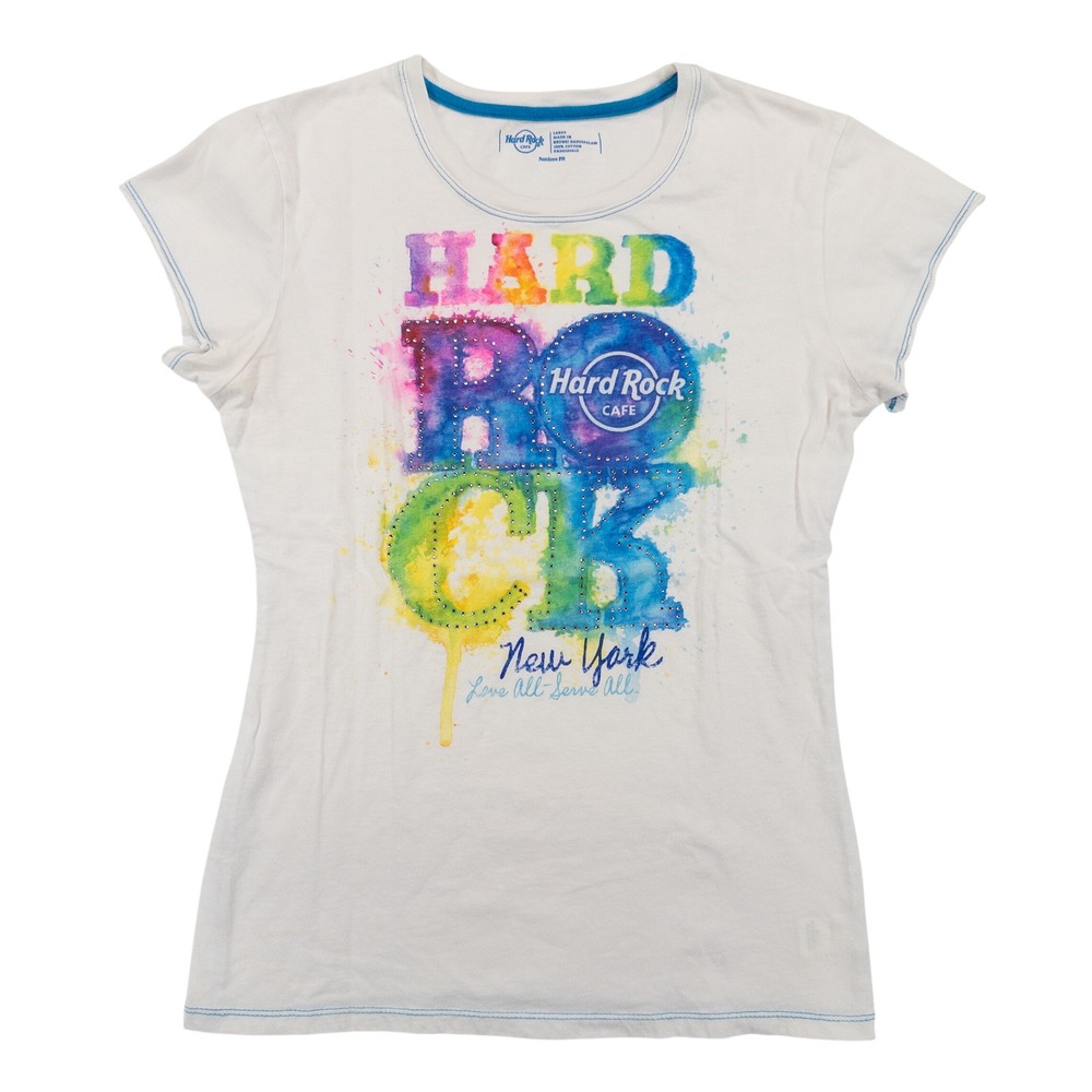 Hard Rock Cafe Juniors Large T-Shirt White New York Watercolor Rhinestone Logo